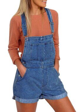 Women's Cape Blue Adjustable Strap Cuffed Hem Denim Bib Overalls Short Romper
